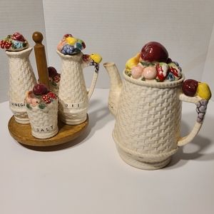 Vintage White Basket Weave Embossed Fruit Teapot Salt and Pepper shaker oil and
